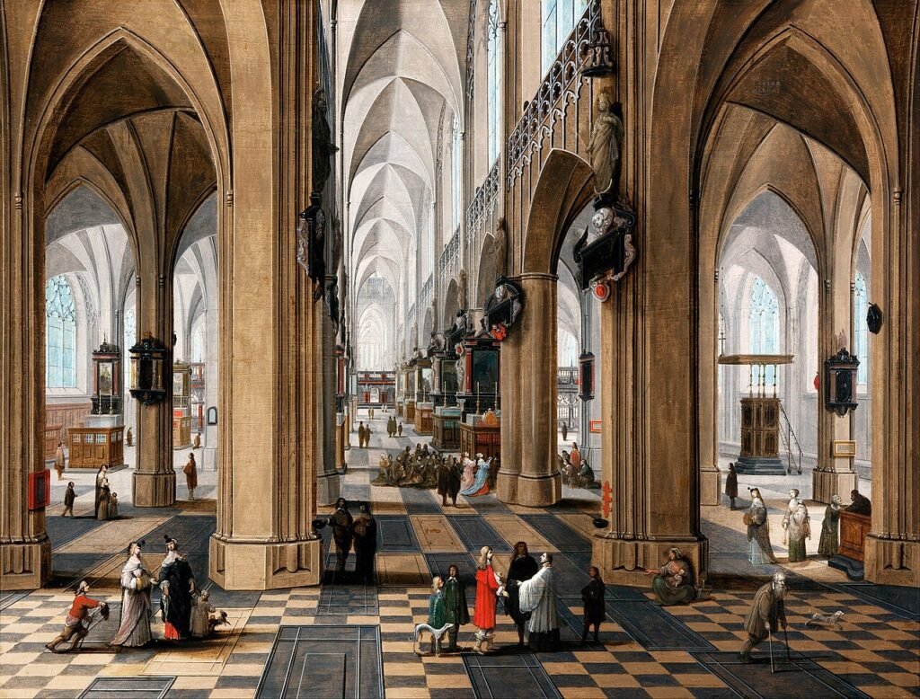 Peeter NEEFFS THE Elder - A church interior with elegant figures strolling and figures attending mass - Google Art Project
